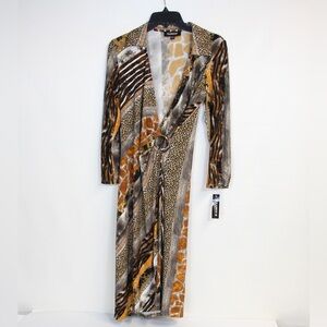 Glamour Brown & White Multi Animal Print Collared Long Sleeve Midi Dress NWT